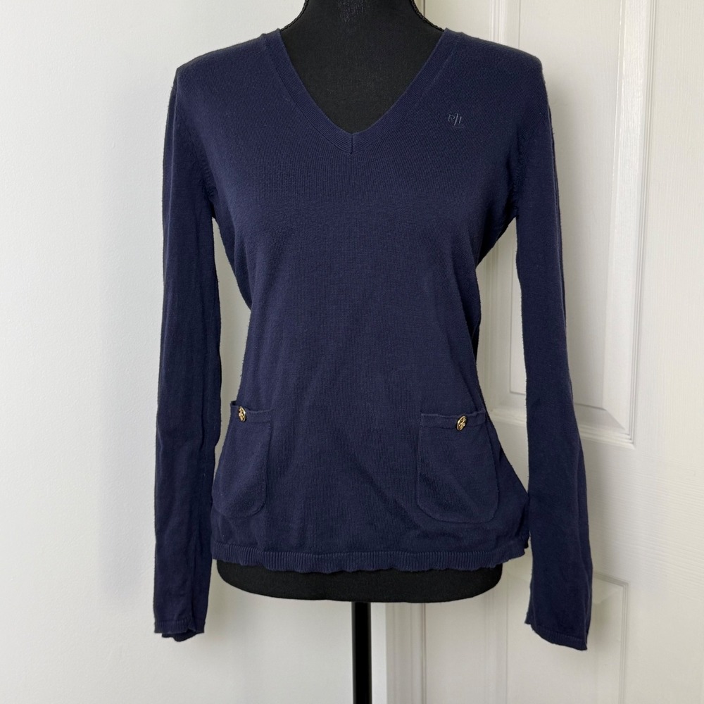 Lauren Ralph Lauren Sweater Womens Medium Blue Gold Buttons Preppy Academia - Picture 1 of 14